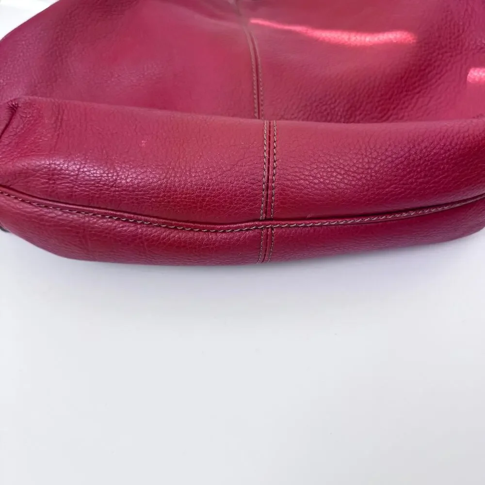 Tignanello Womens Satchel Handbag Slouchy Hobo Pebbled Leather Chain Red